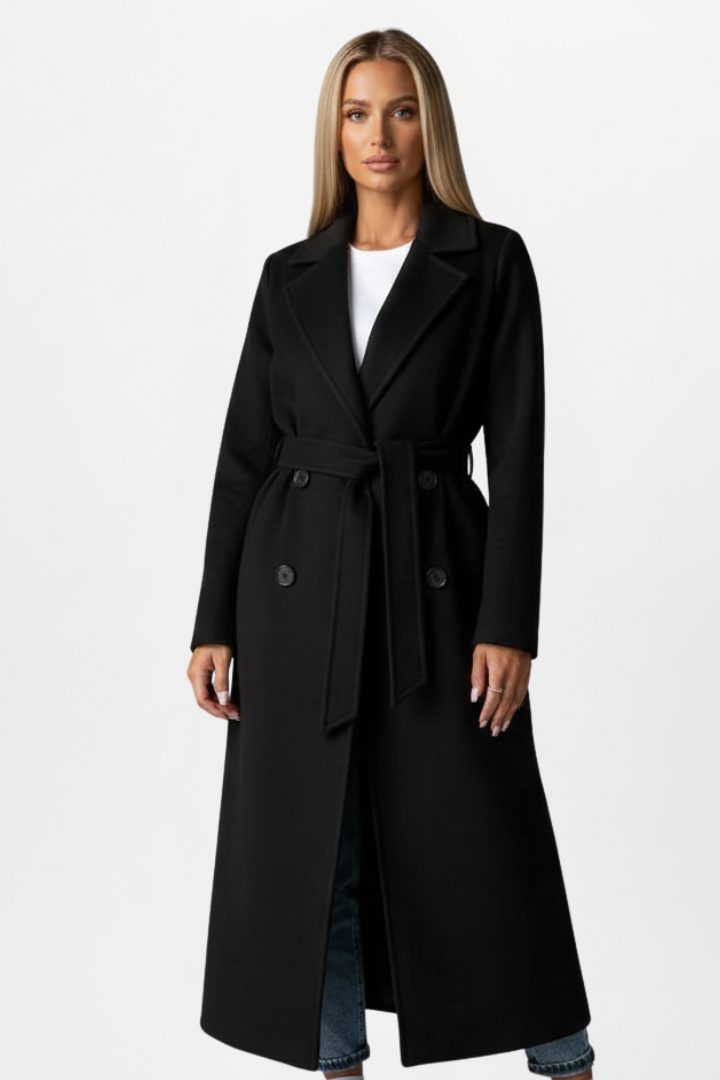 Hazel | Women’s Long Coat With Belt And Double-Breasted Front