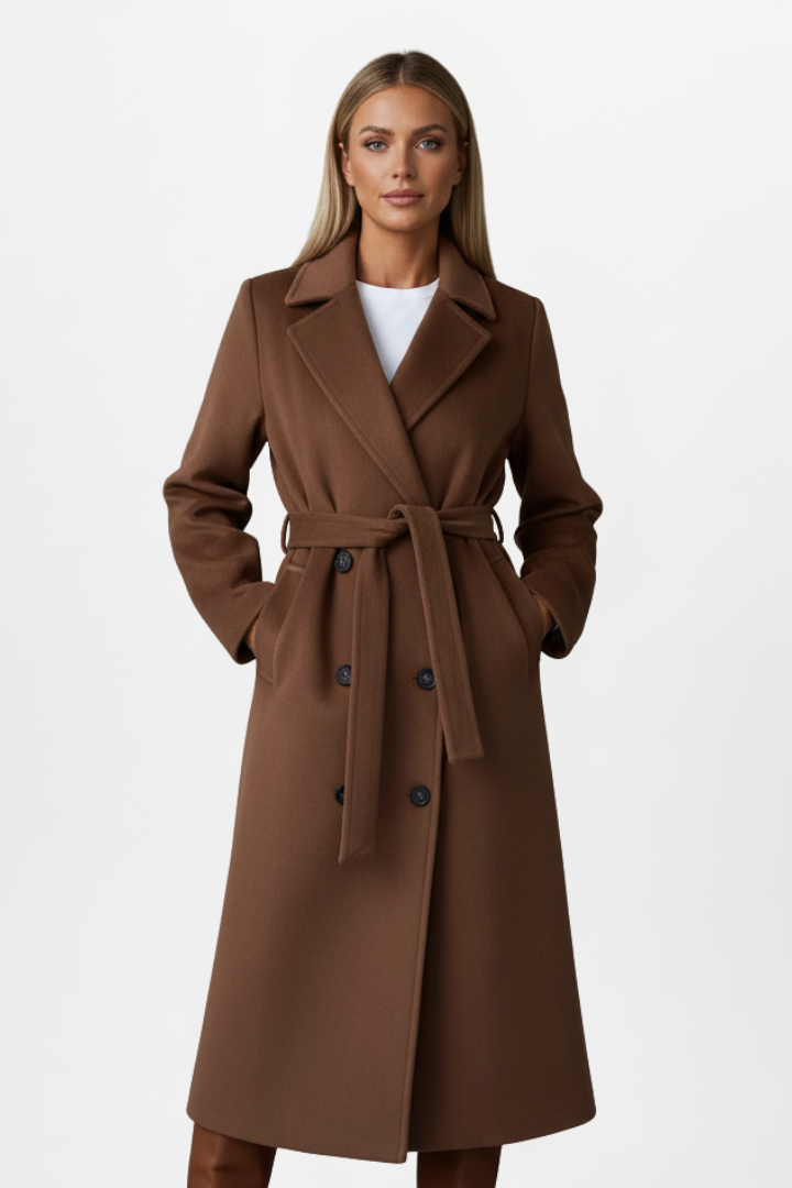 Hazel | Women’s Long Coat With Belt And Double-Breasted Front