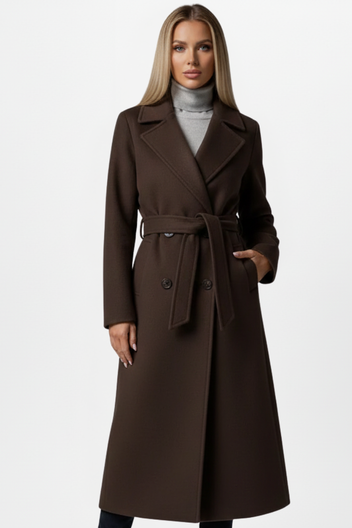 Hazel | Women’s Long Coat With Belt And Double-Breasted Front