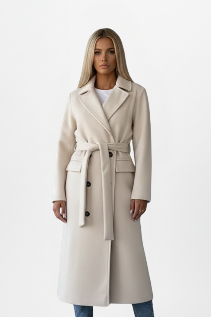 Hazel | Women’s Long Coat With Belt And Double-Breasted Front
