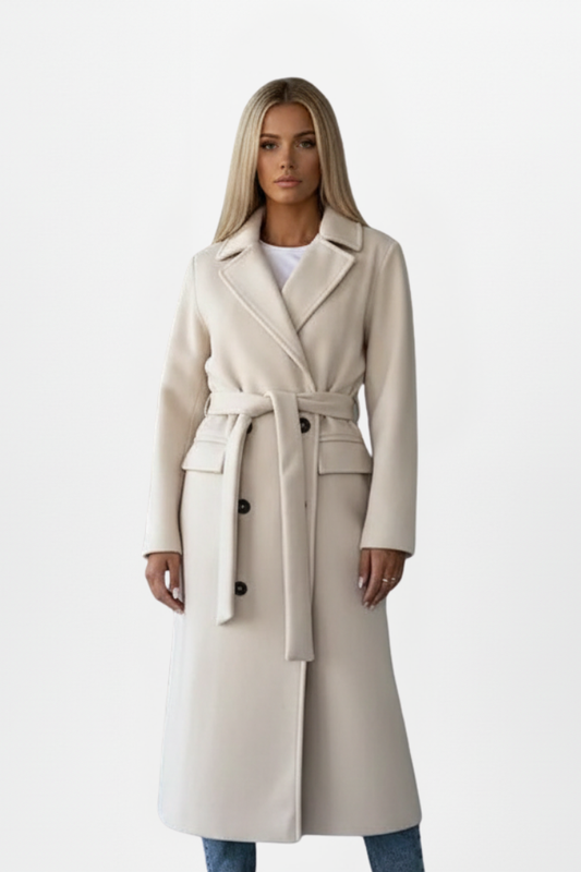 Hazel | Women’s Long Coat With Belt And Double-Breasted Front