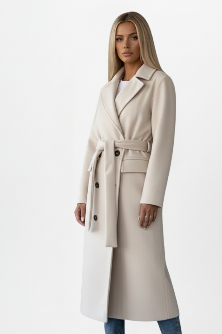 Hazel | Women’s Long Coat With Belt And Double-Breasted Front