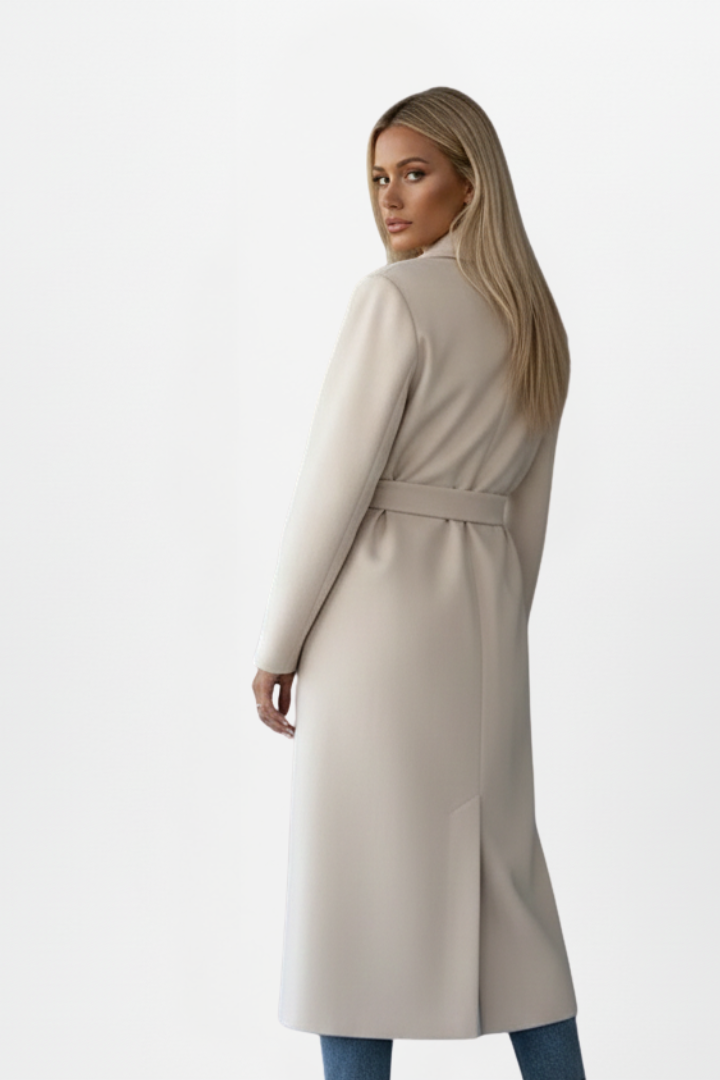 Hazel | Women’s Long Coat With Belt And Double-Breasted Front