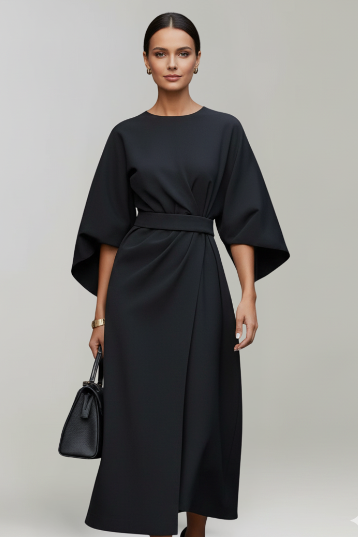 Delaney | Women’s Midi Dress With Wide Sleeves And Belted Waist