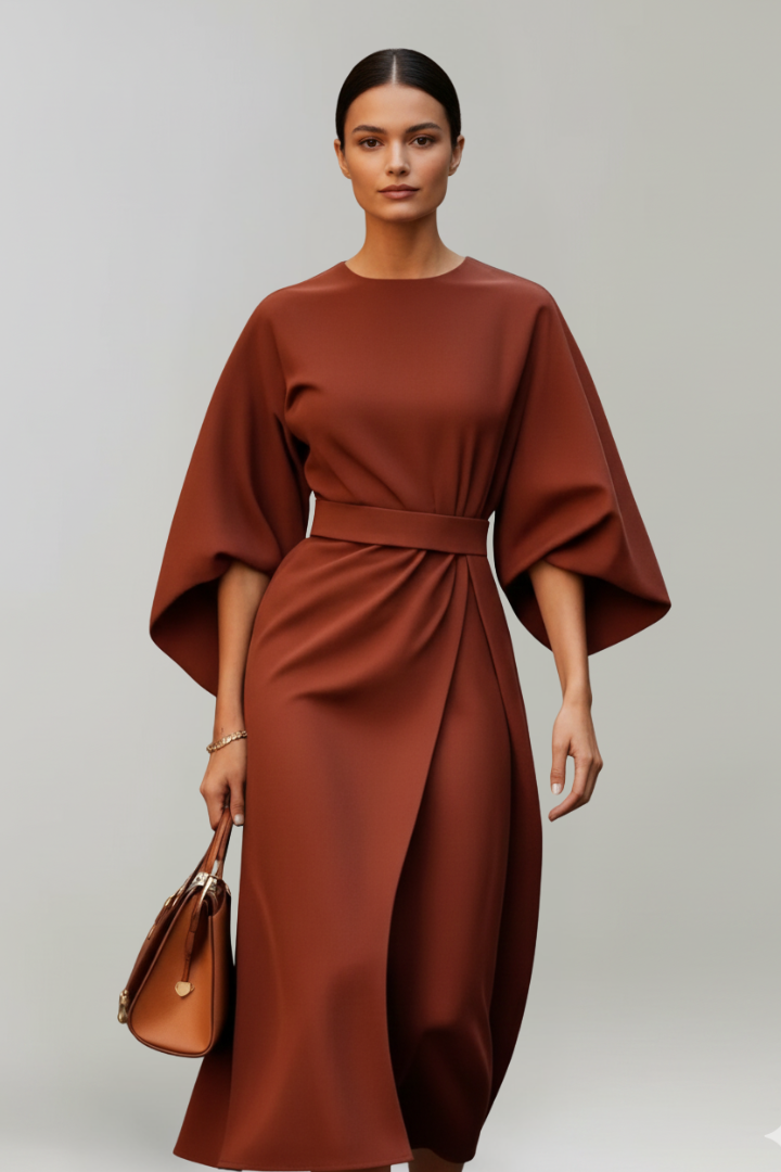 Delaney | Women’s Midi Dress With Wide Sleeves And Belted Waist