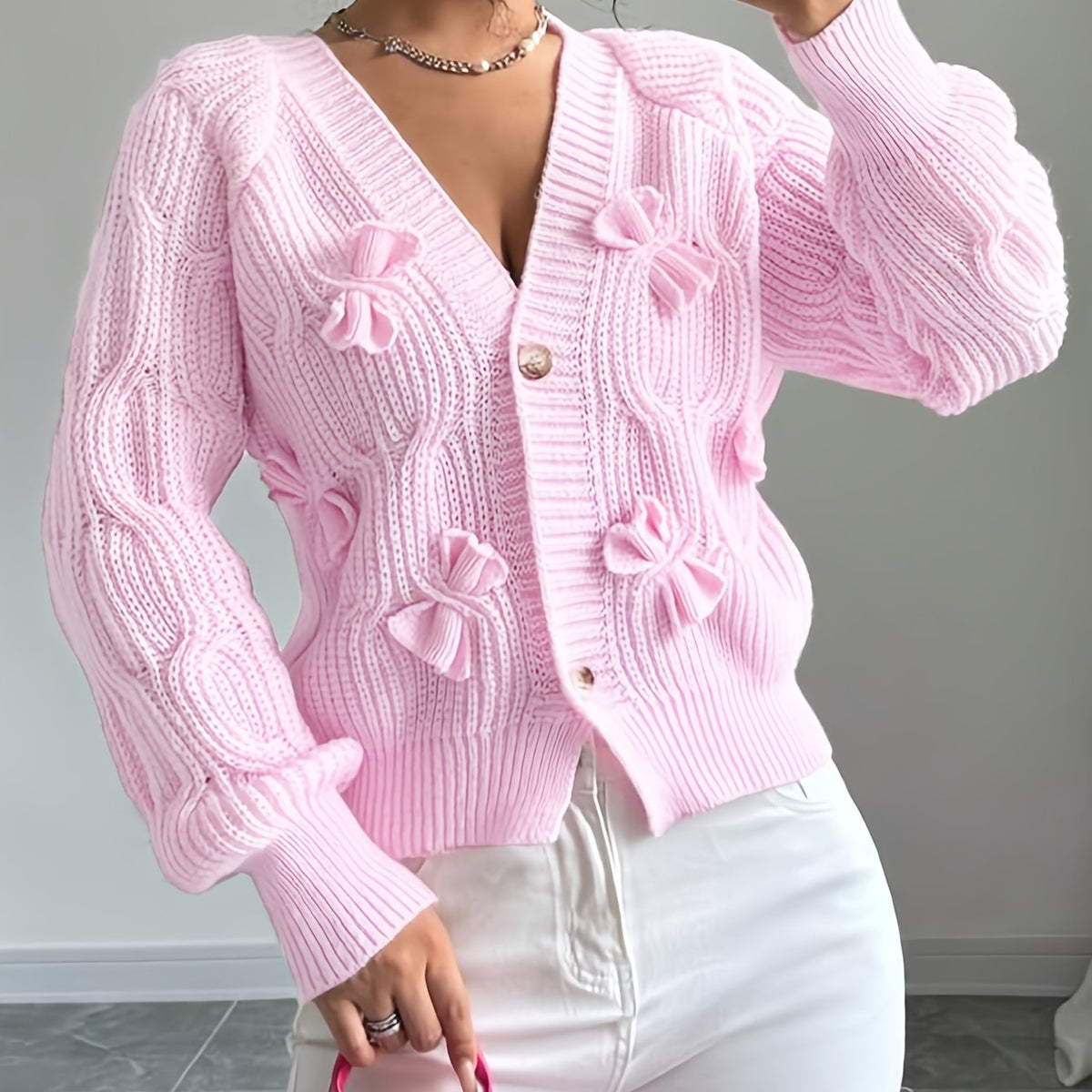 Alicia | Women's Soft Bow-Detail Long Sleeve Cardigan