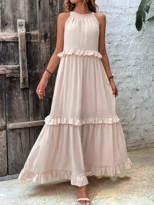 Charlize - Sunshine Breeze Halter Ruffle Maxi Dress with Pockets