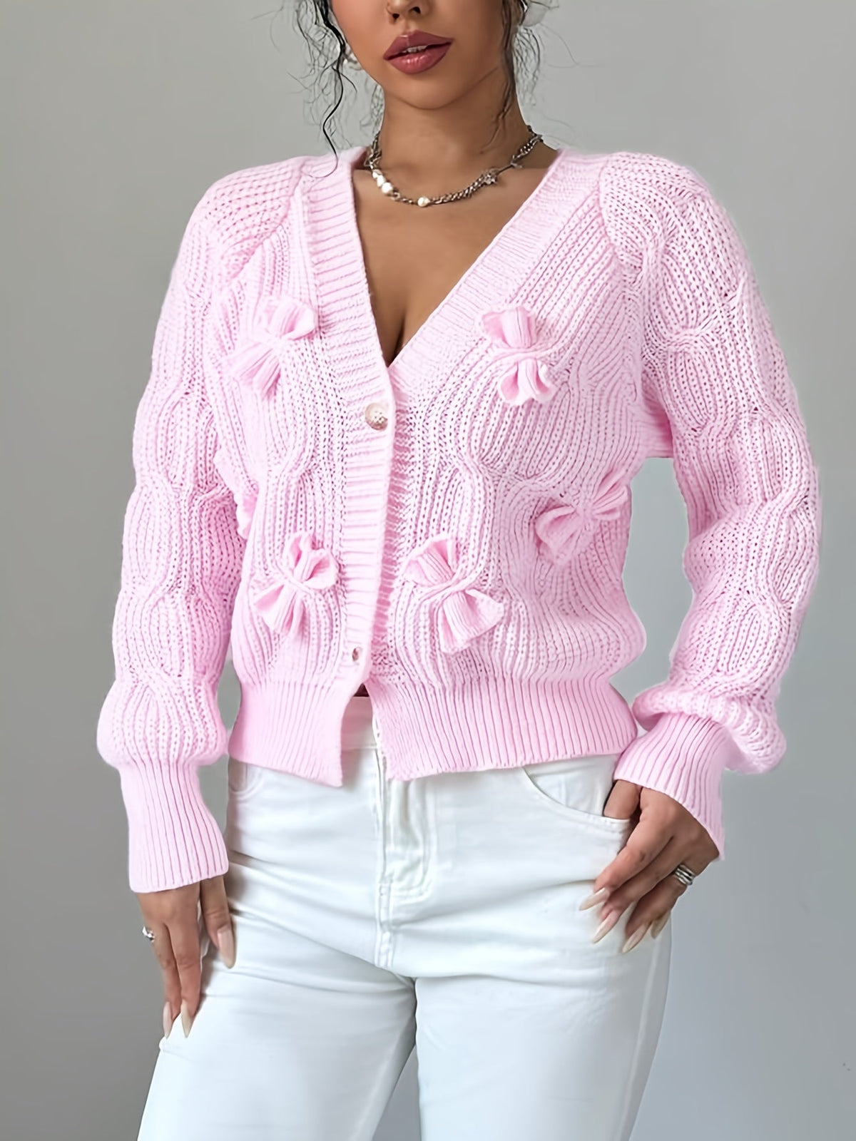 Alicia | Women's Soft Bow-Detail Long Sleeve Cardigan