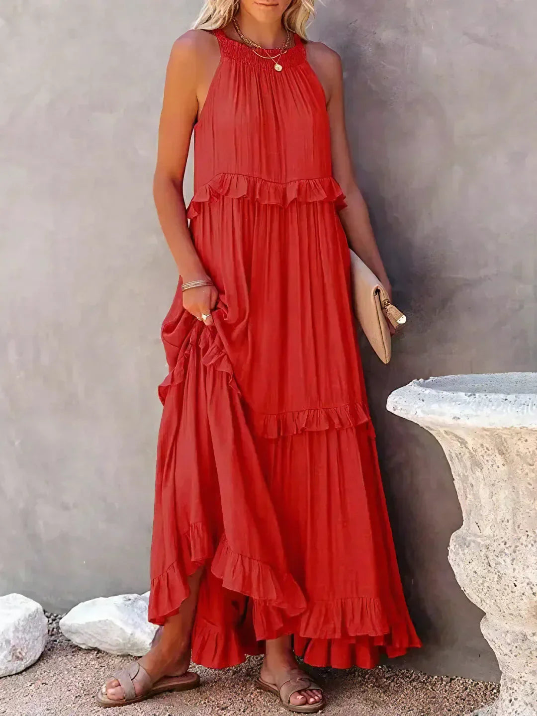 Charlize - Sunshine Breeze Halter Ruffle Maxi Dress with Pockets