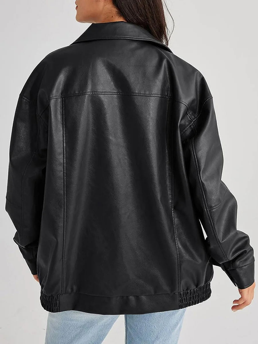 Women's Oversized Leather Bomber Jacket with Zipper Front