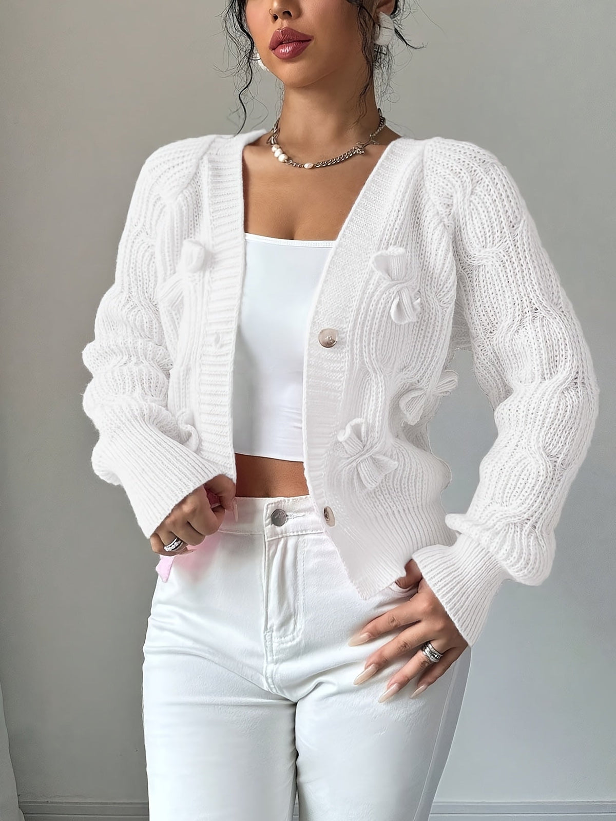 Alicia | Women's Soft Bow-Detail Long Sleeve Cardigan