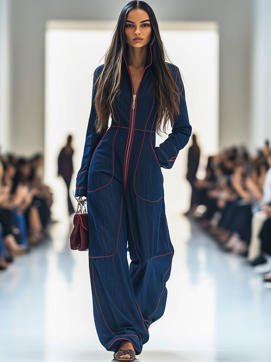 casual-loose-retro-red-topstitched-denim-wide-leg-long-sleeve-jumpsuit - Oyrosy