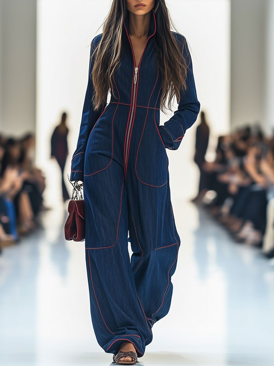 casual-loose-retro-red-topstitched-denim-wide-leg-long-sleeve-jumpsuit - Oyrosy