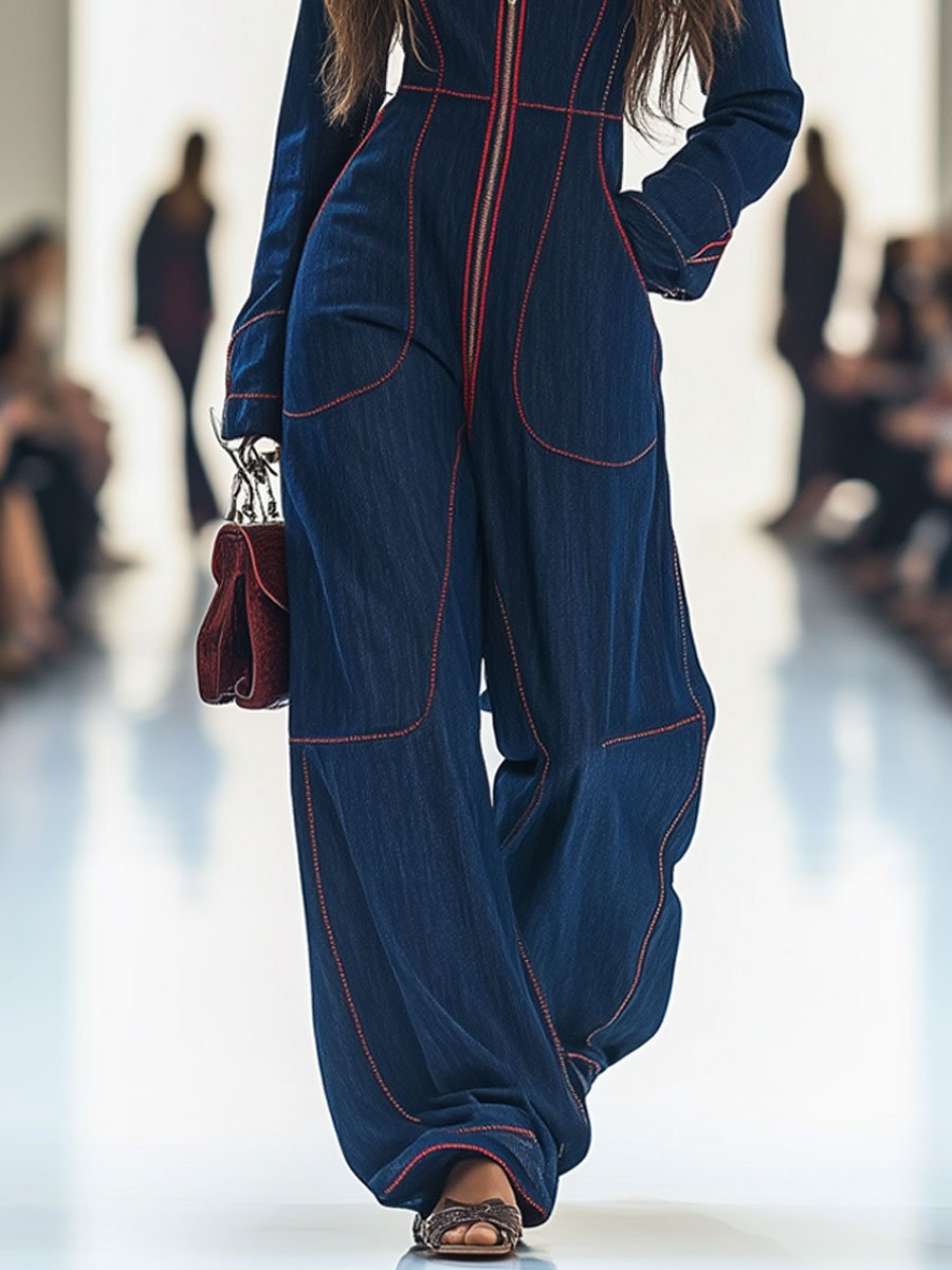 casual-loose-retro-red-topstitched-denim-wide-leg-long-sleeve-jumpsuit - Oyrosy
