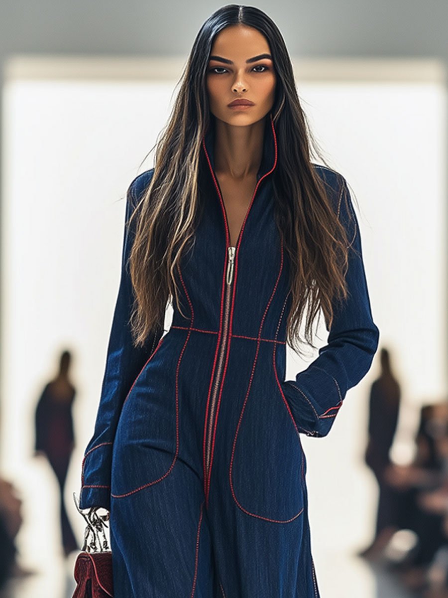 casual-loose-retro-red-topstitched-denim-wide-leg-long-sleeve-jumpsuit - Oyrosy