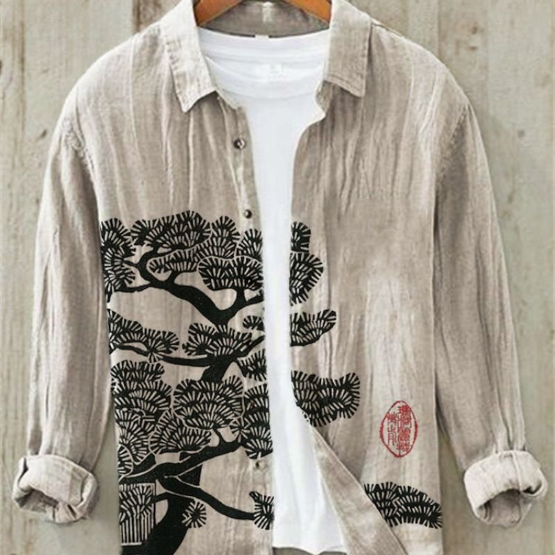 Men's Vintage Japanese Art Print Linen Shirt | Great Wave Alternate