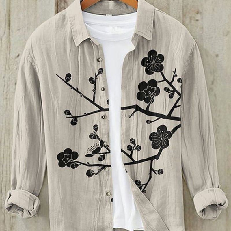 Men's Vintage Japanese Art Print Linen Shirt | Great Wave Angle