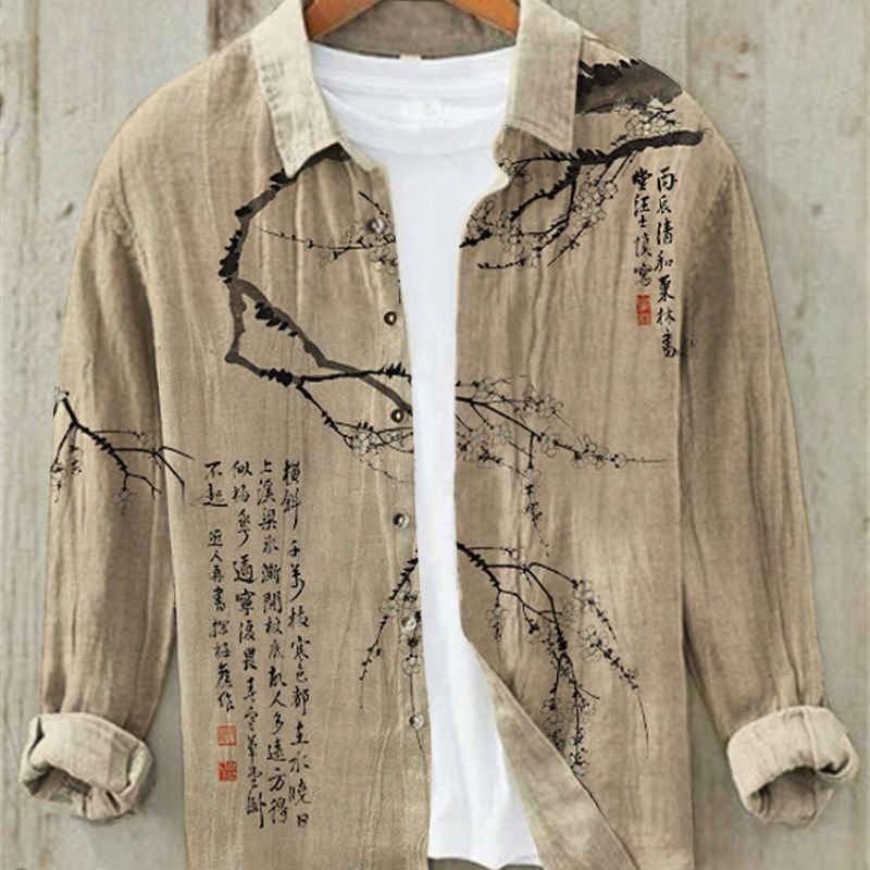 Men's Vintage Japanese Art Print Linen Shirt | Great Wave Back