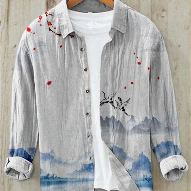 Men's Vintage Japanese Art Print Linen Shirt | Great Wave Close Up
