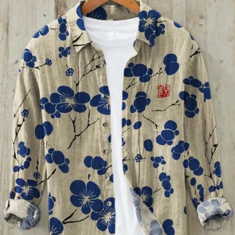 Men's Vintage Japanese Art Print Linen Shirt | Great Wave Detail