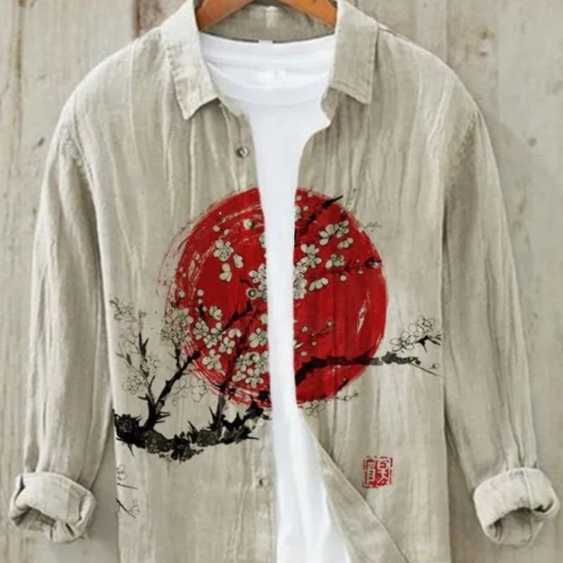 Men's Vintage Japanese Art Print Linen Shirt | Great Wave Front