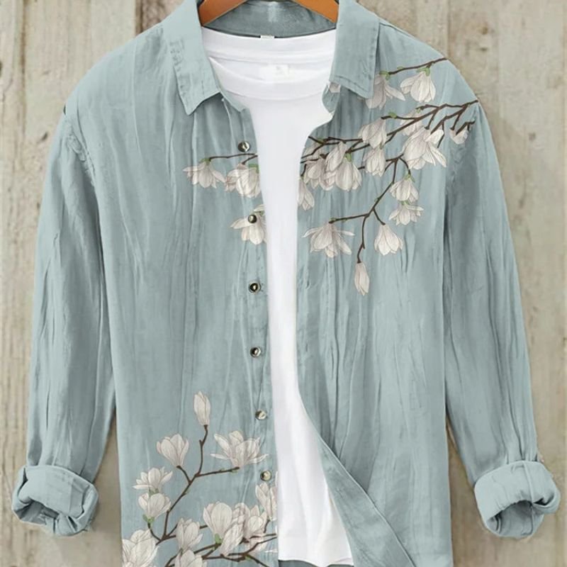 Men's Vintage Japanese Art Print Linen Shirt | Great Wave Full