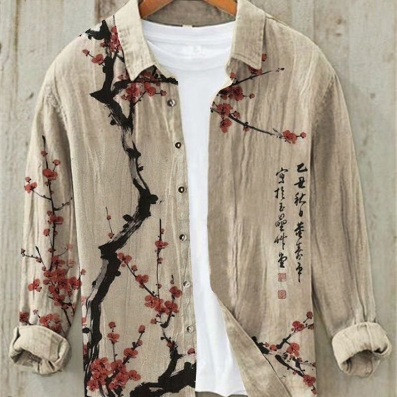 Men's Vintage Japanese Art Print Linen Shirt | Great Wave Lifestyle