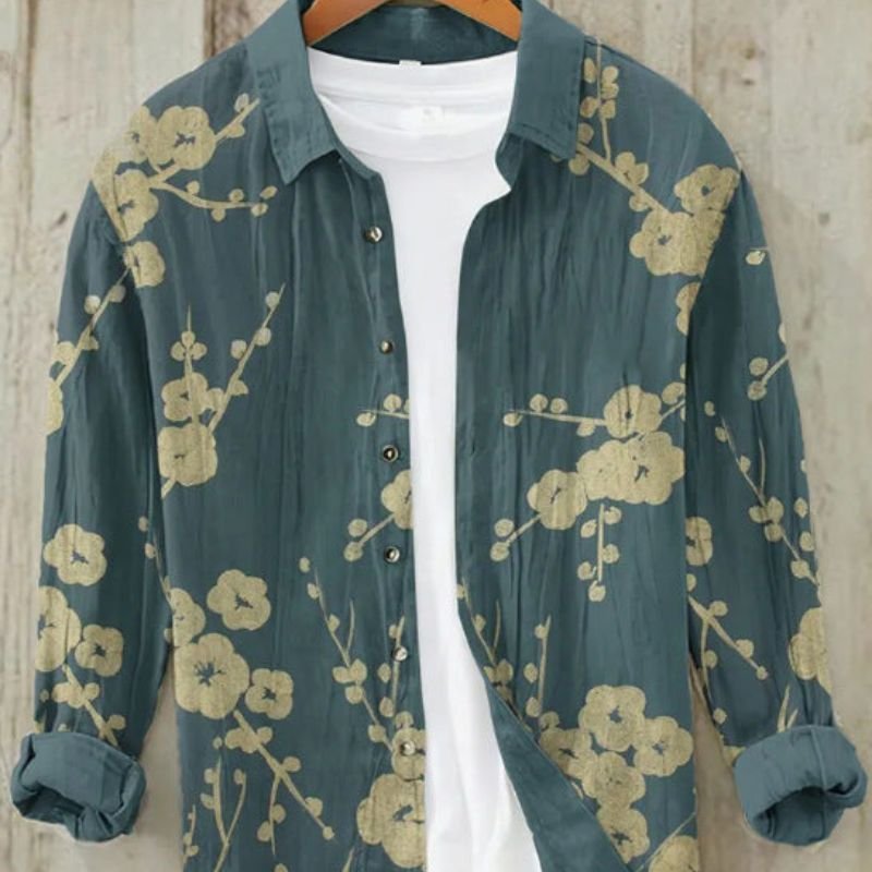 Men's Vintage Japanese Art Print Linen Shirt | Great Wave Side
