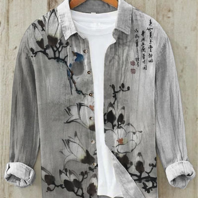 Men's Vintage Japanese Art Print Linen Shirt | Great Wave View 11