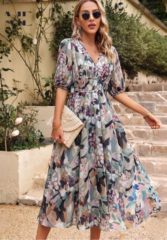 Roxanne | Elegant Floral Midi Dress with Puff Sleeves - Image 1