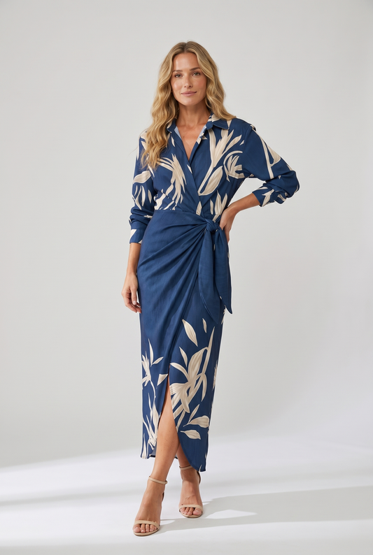 Isolda |  Leaf-Print V-Neck Wrap Maxi Dress