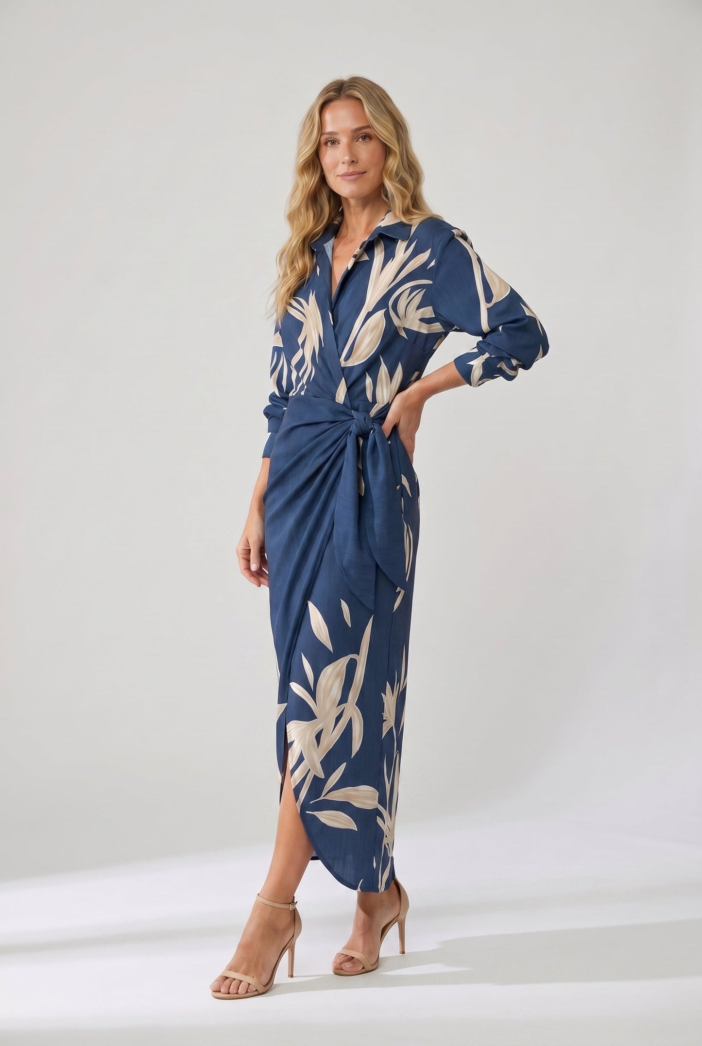Isolda |  Leaf-Print V-Neck Wrap Maxi Dress