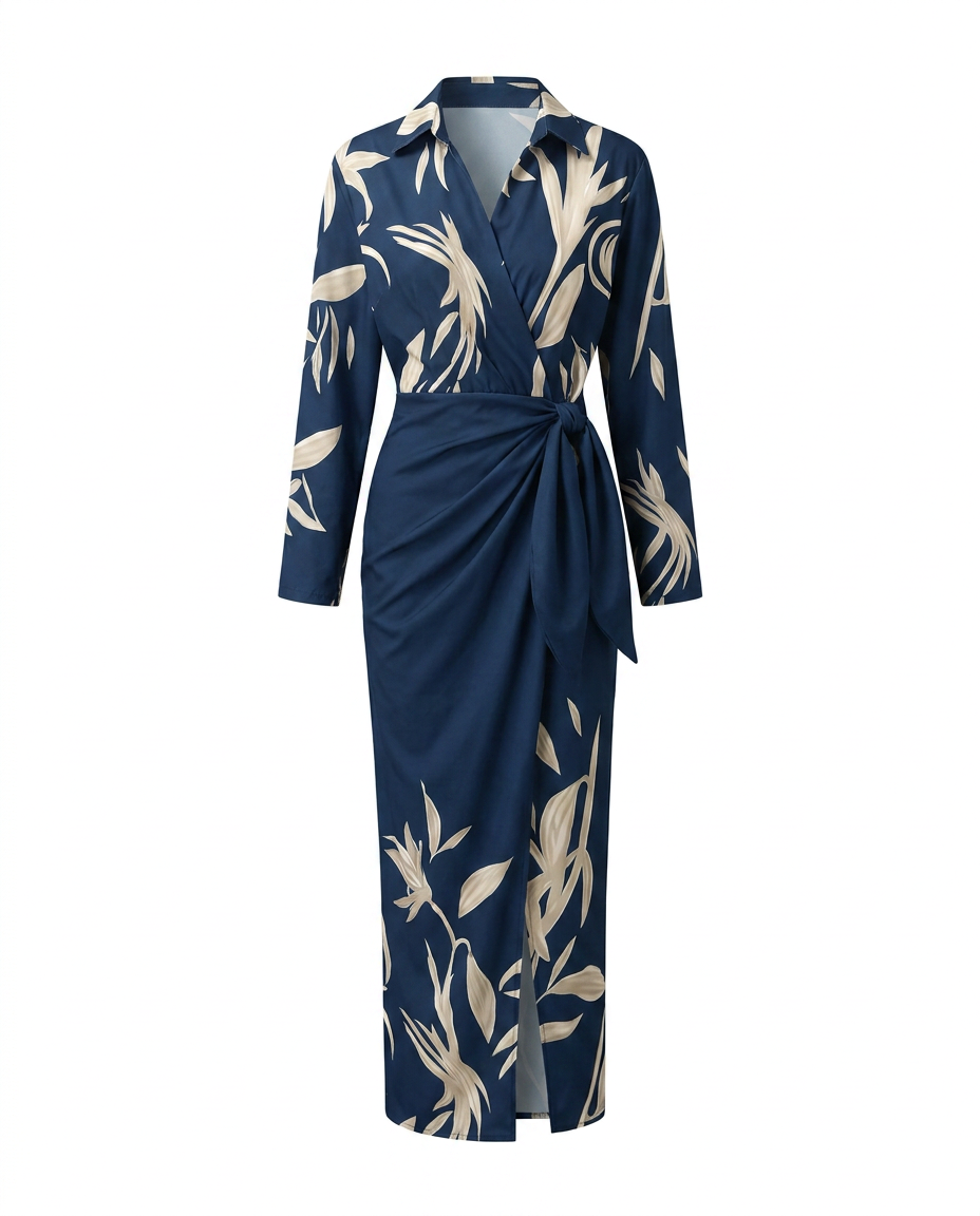Isolda |  Leaf-Print V-Neck Wrap Maxi Dress