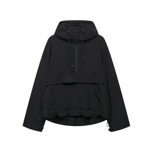 Women's hooded pullover anorak quilted jacket half-zip in Black