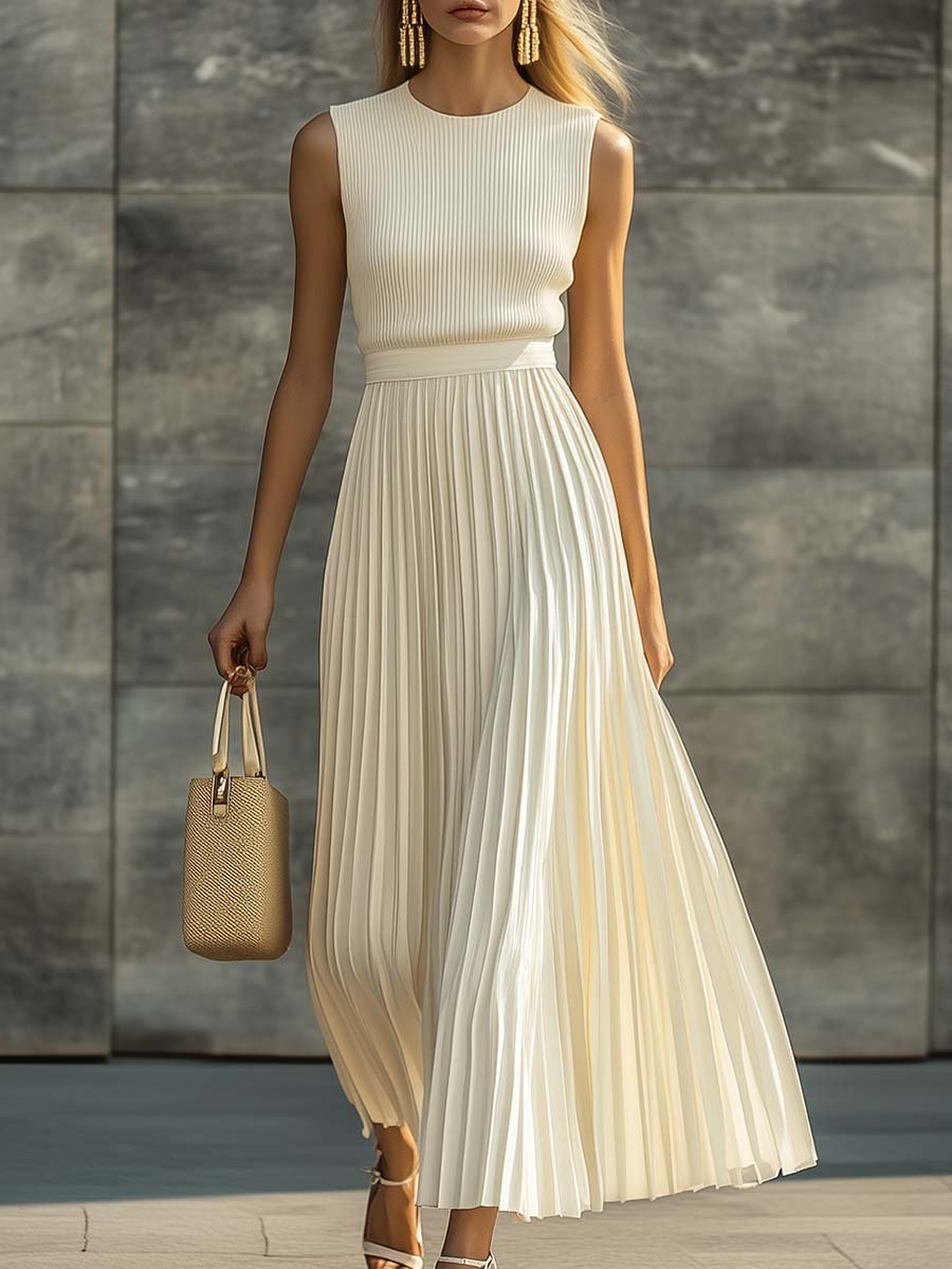 Women's Sleeveless Knit Pleated Chiffon Maxi Dress - Cream