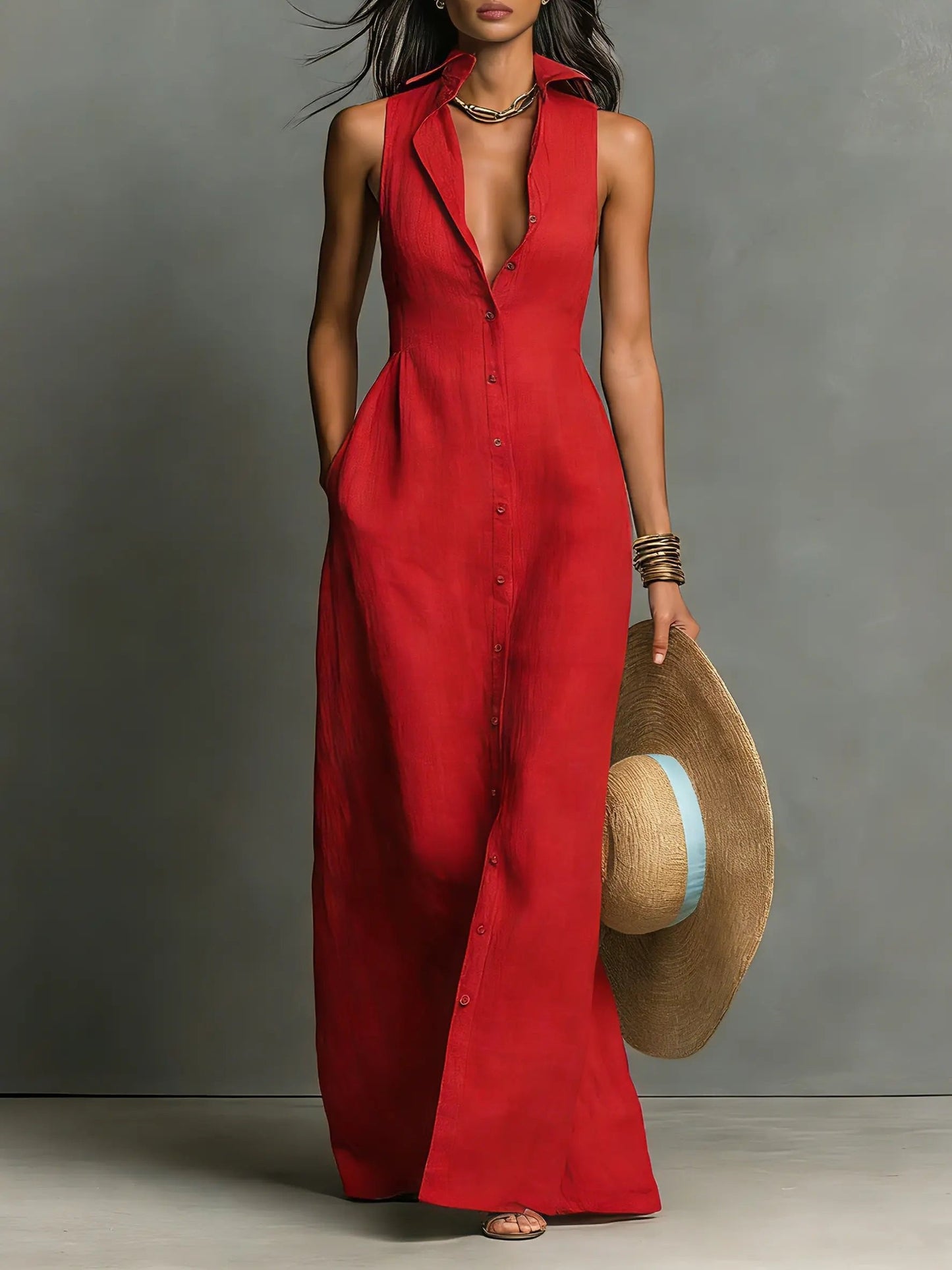 Sleeveless Linen Maxi Shirt Dress for Women