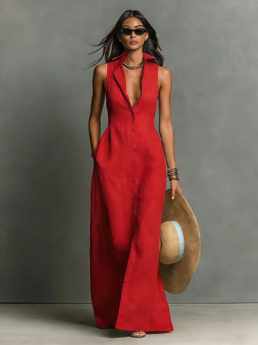 Sleeveless Linen Maxi Shirt Dress for Women