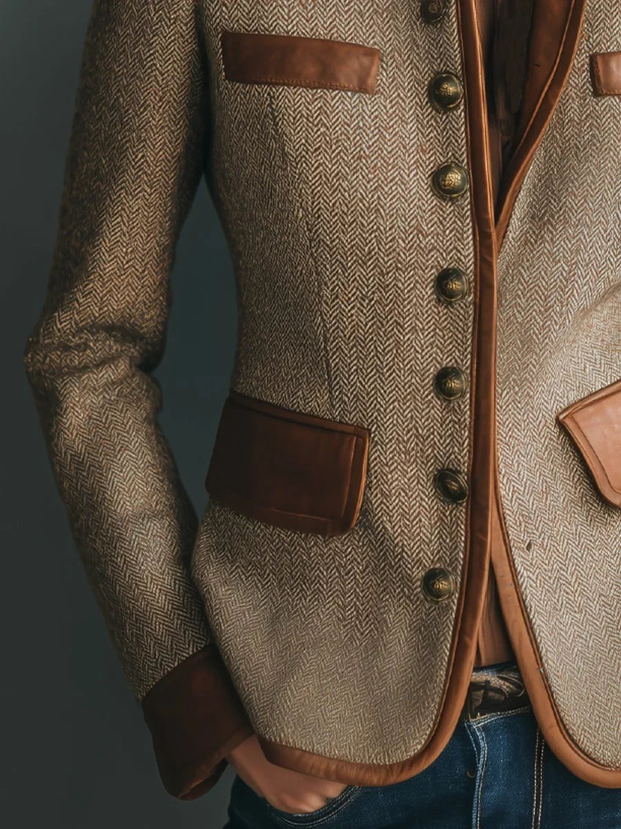 Women's vintage herringbone tweed leather-trim button-front jacket